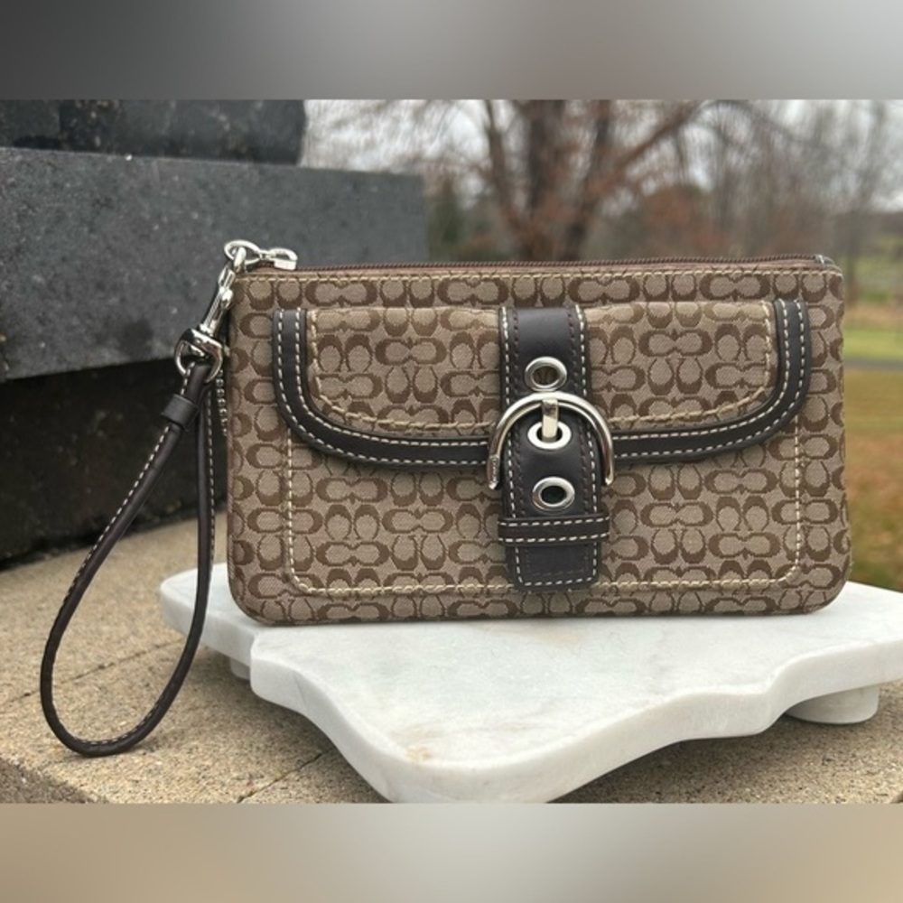 Coach Signature Soho Brown and Tan Wristlet Clutch EUC
